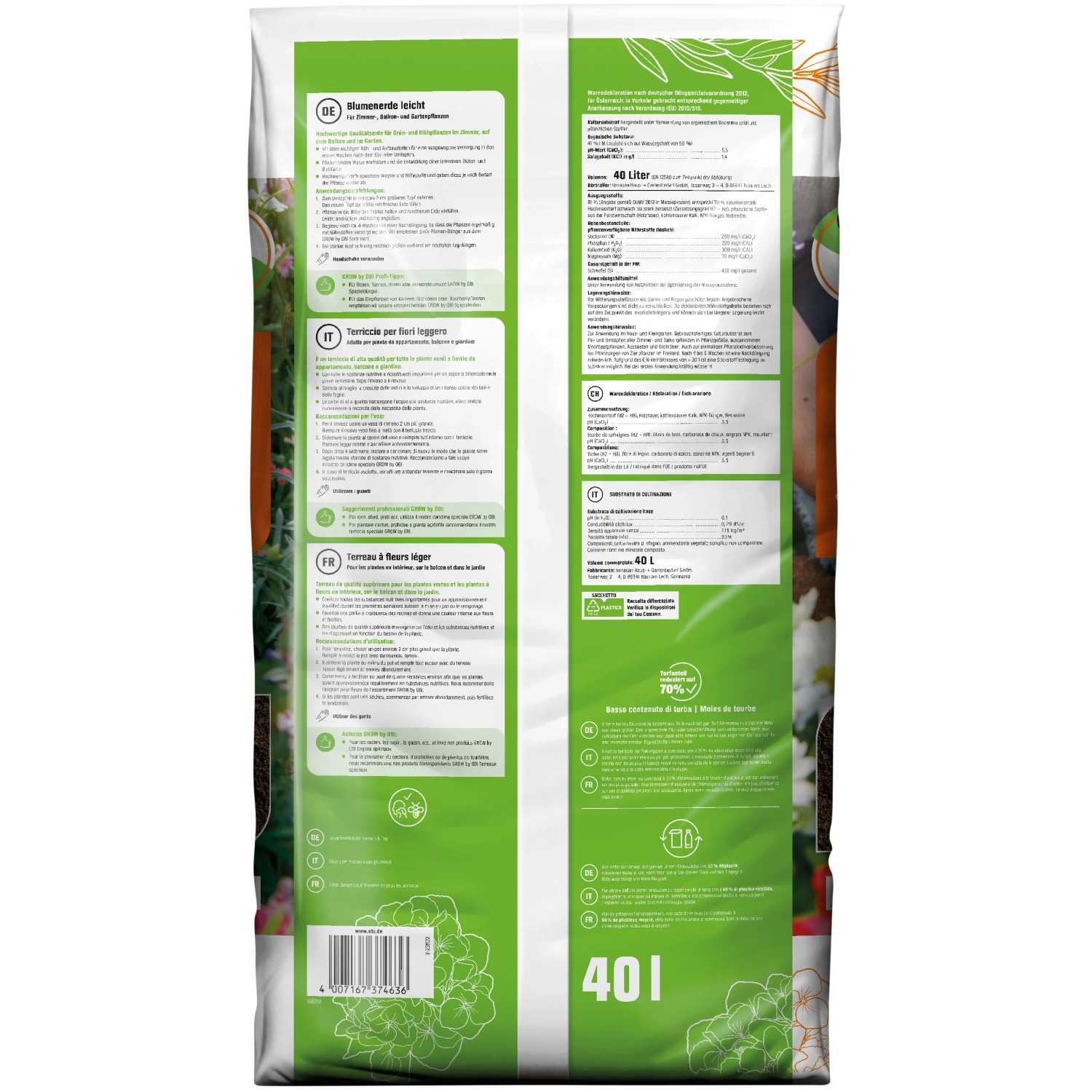 GROW by OBI Blumenerde leicht, 40 l Sack, Universalerde für Zimmer-, Balkon- und Gartenpflanzen.