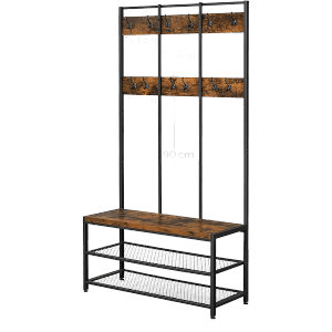 Songmics Garderobenständer Dacey mit Schuhbank, 12 Haken, braun-schwarz. Herrendiener im Industrie-Design.