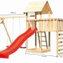 Karibu Spielturm Lotti mit Doppelschaukel, roter Rutsche, Kletterwand und Anbauplattform.