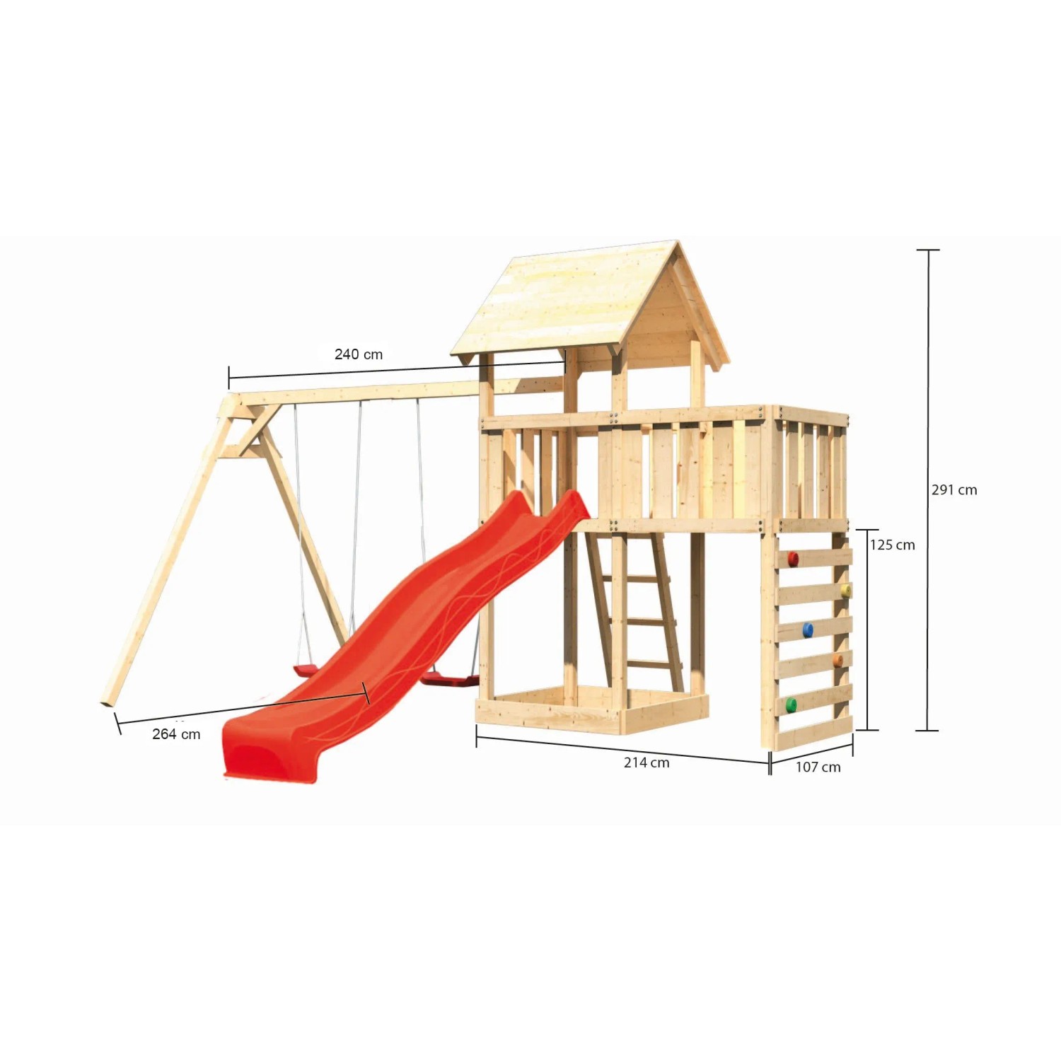 Karibu Spielturm Lotti mit Doppelschaukel, roter Rutsche, Kletterwand und Anbauplattform.