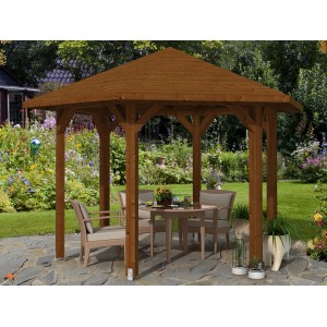 Skan Holz Pavillon Nancy 2, nussbraun, mit Tisch und Stühlen im Garten.
