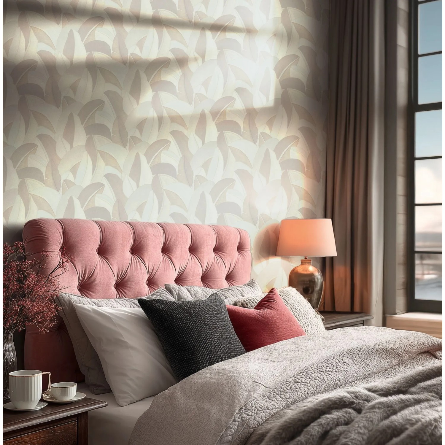 Creme-weiße Vliestapete mit glänzendem Palmenblätter-Muster und 3D-Effekt an einer Schlafzimmerwand.