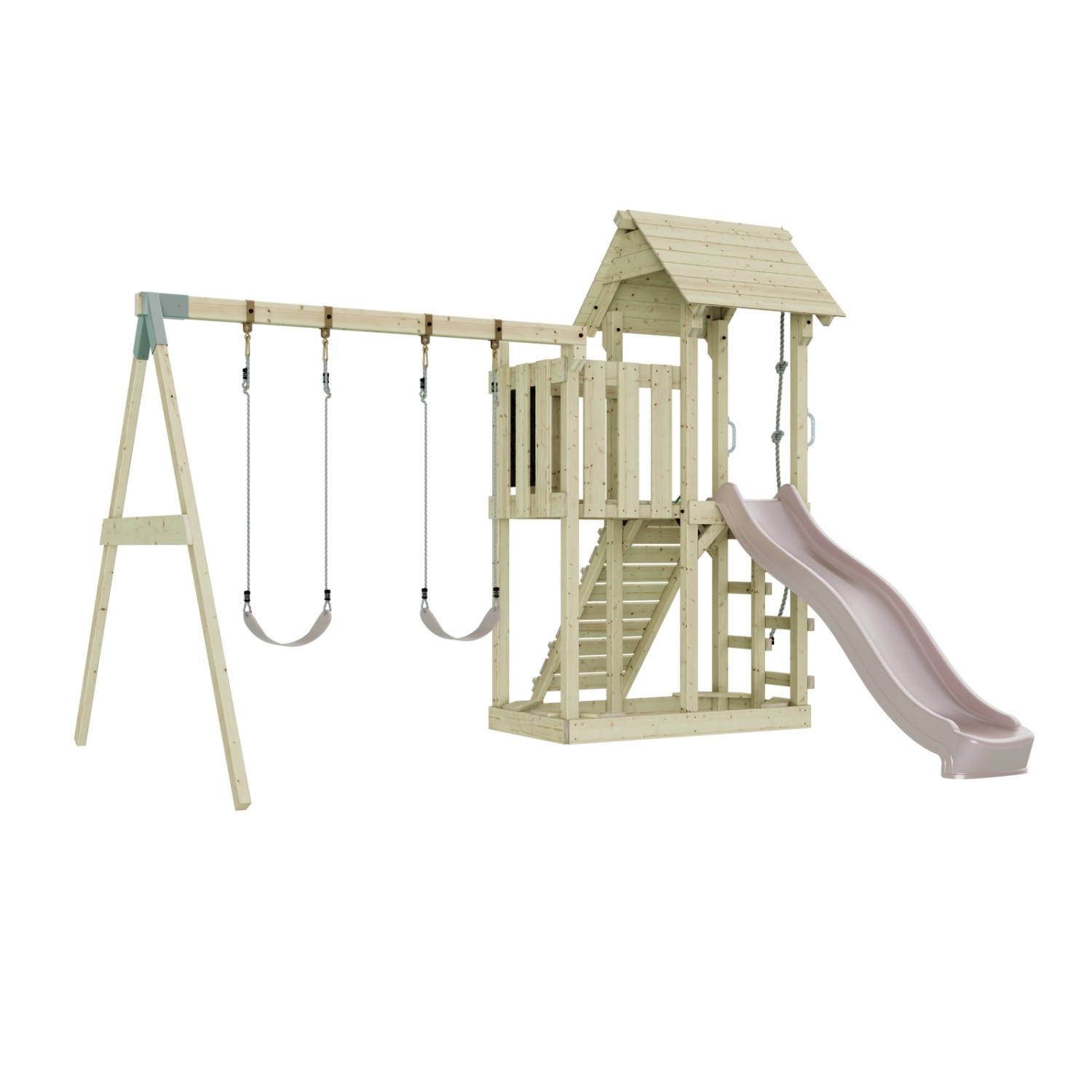 PolarPlay Kinderschaukel Uppsala mit Spielturm und Rutsche in Altrosa.