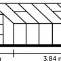 Skizze Halls Gewächshaus Universal 128 Alu mit Maßangaben (H 230cm, B 257cm, T 384cm).