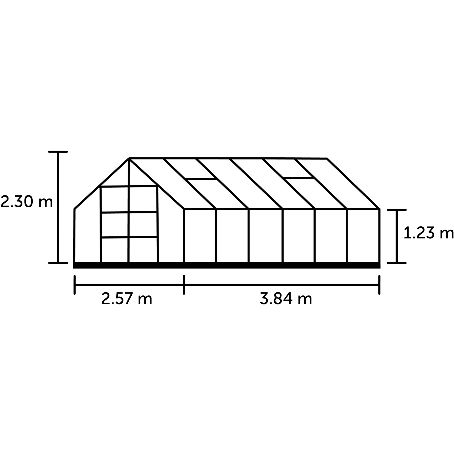 Skizze Halls Gewächshaus Universal 128 Alu mit Maßangaben (H 230cm, B 257cm, T 384cm).