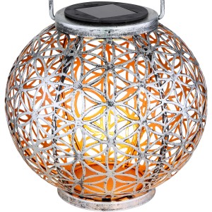 Silberne Globo LED Solar-Kugelleuchte mit Lebensblume, zum Hängen oder Stellen.