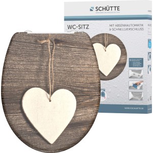Schütte WC-Sitz Wood Heart Duroplast mit Absenkautomatik und Holzherz-Motiv.