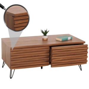 Moderner Couchtisch M49 in Walnuss-Optik mit Schubladen und Metallfüßen.
