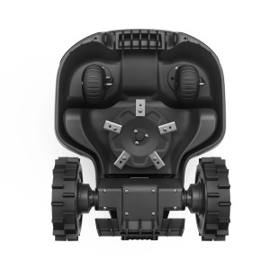 Mammotion Yuka Mini 800 Mähroboter, Unteransicht mit Messern und Rädern.