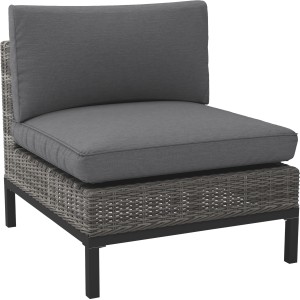 Grauer Lounge-Sessel Alridge aus Polyrattan mit Kissen, ideal als Gartenstuhl.