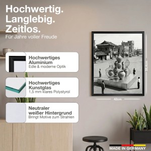 Schwarzer K-Möbel Aluminium Bilderrahmen DIN A5 mit Antireflex-Kunstglas. Modernes Design für Hoch- oder Querformat.