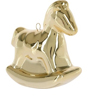 Goldenes Schaukelpferd aus Dolomit als Hängedeko für Weihnachten.
