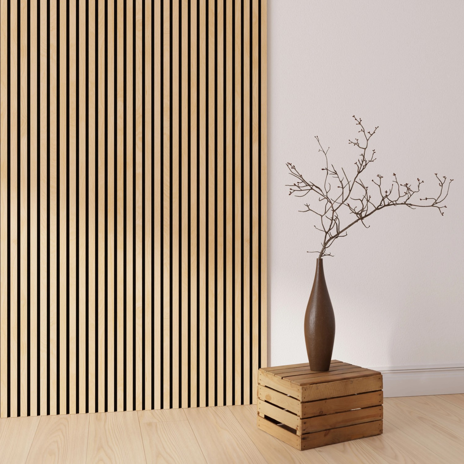 Akustikpaneel Eiche geölt, 60x270cm, mit schwarzem Filz. Holzpaneel für Wand- und Deckengestaltung.