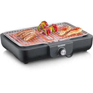 Severin Tischgrill mit Grillrost aus Edelstahl, mit Würstchen, Schaschlik und Hähnchenfleisch.