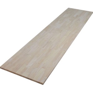 Unbehandelte, helle Arbeitsplatte aus massivem Gummibaumholz (Hevea).