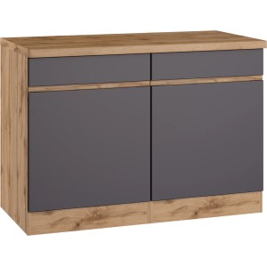 Held Möbel Küchenunterschrank Turin, 120 cm, Graphit/Wotaneiche, mit zwei Türen und Schubkästen.