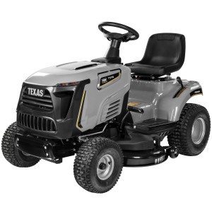 Texas Premium TTS108 Rasentraktor: Grauer Aufsitzmäher mit schwarzem Sitz und Lenkrad.