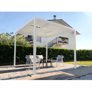 Weiße Ximax Aluminium Pergola Verona 300x400 cm mit Sitzgruppe im Garten.