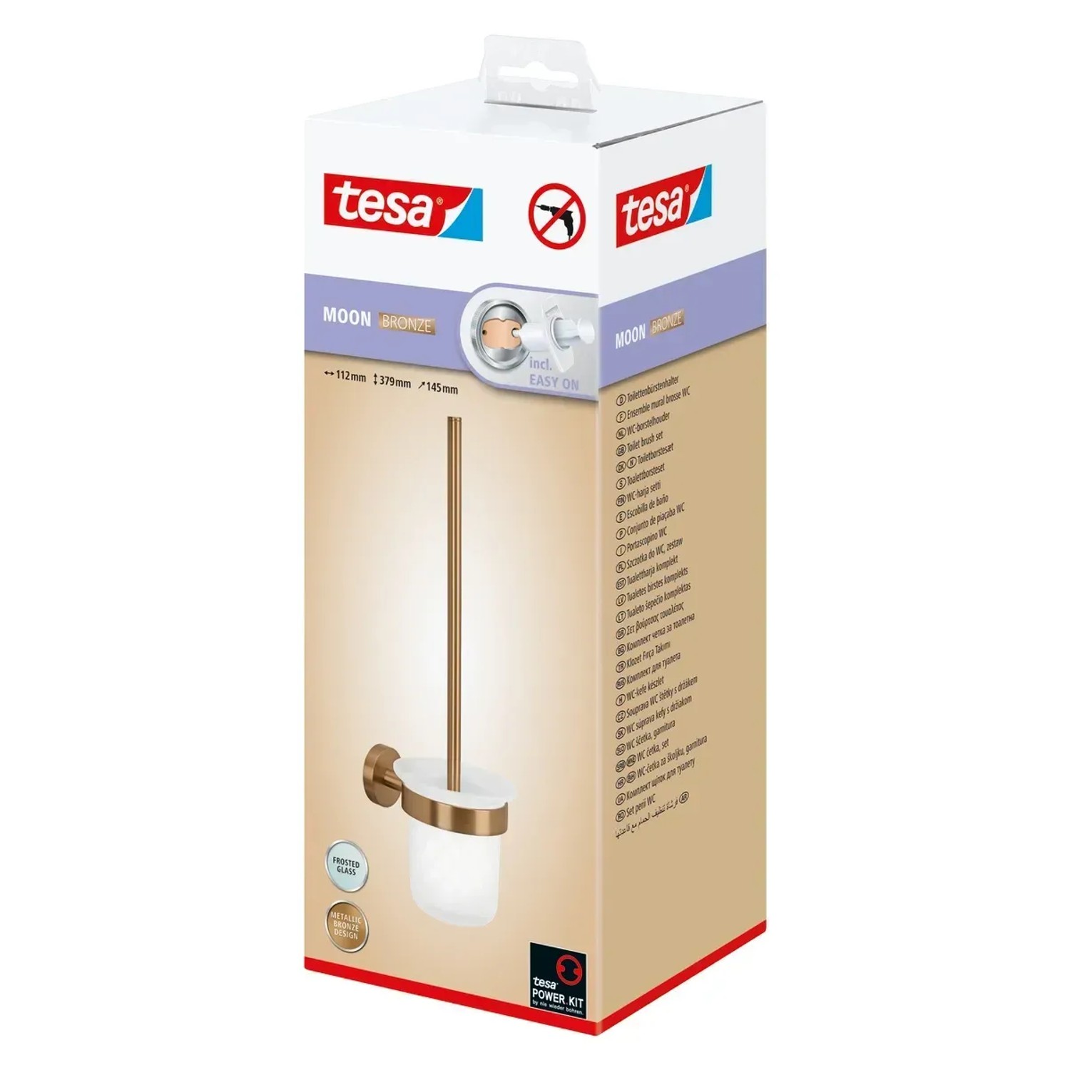 Verpackung der Tesa WC-Bürstengarnitur Moon in Bronze mit Glasbehälter und Bürste.