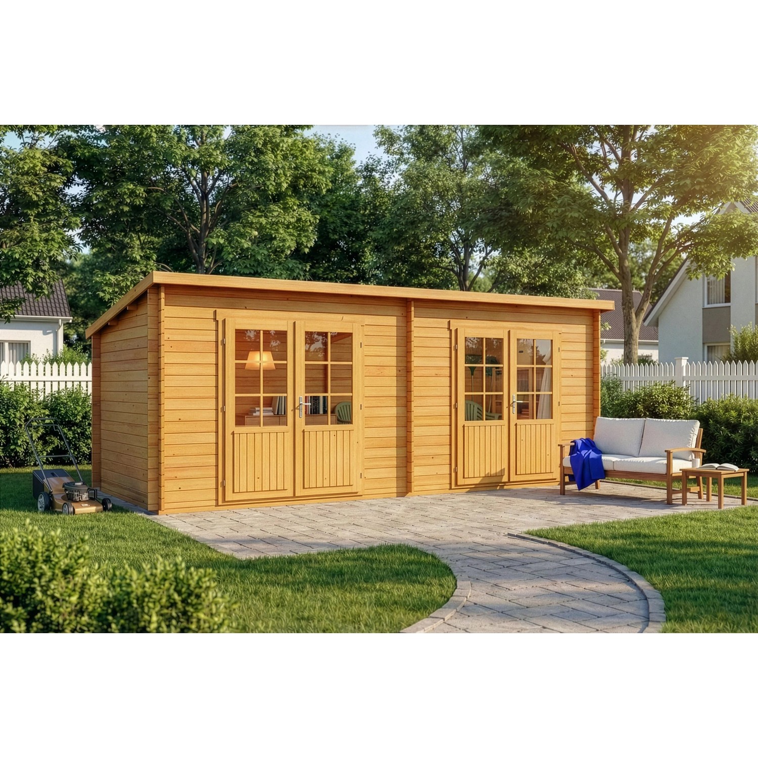 Alpholz Gartenhaus Maria Twin mit Pultdach, 601x275 cm, 40 mm Wandstärke, aus Pinienholz.