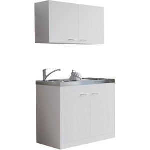 Respekta Miniküche Levin 100 cm mit Glaskeramikkochfeld und Oberschrank in Weiß.