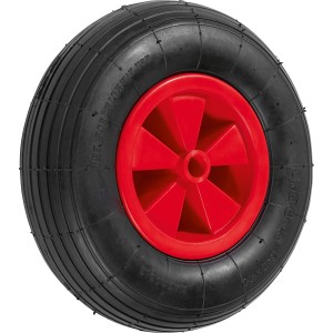 Luftrad für Schubkarre, Ø 340 mm, mit schwarzem Reifen und roter Felge.