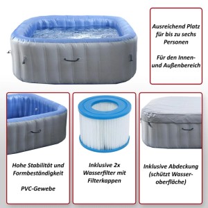 Aufblasbarer, eckiger MCW Whirlpool N97 für 6 Personen, grau-blau, mit Zubehör.