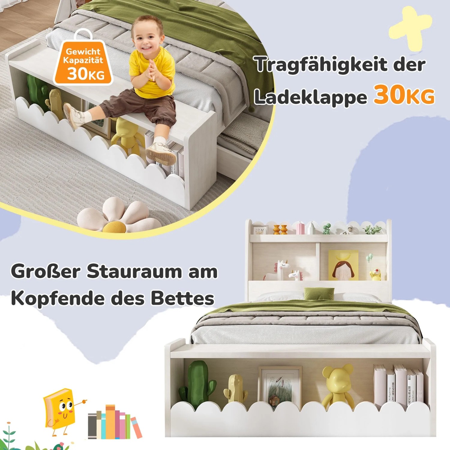 okwish Kinderbett 90x190cm mit Schubladen und Sitzbank Kinderzimmer Weiß ohne Matratze_8