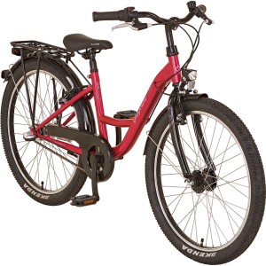 Himbeerfarbenes Prophete Kinderfahrrad Mädchen 24 Zoll mit 3-Gang Nabenschaltung und Gepäckträger.