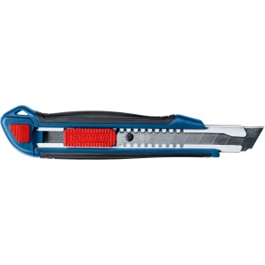 Bosch Professional Cuttermesser aus dem 2-teiligen Messer-Set, blau/schwarz mit rotem Schieber.