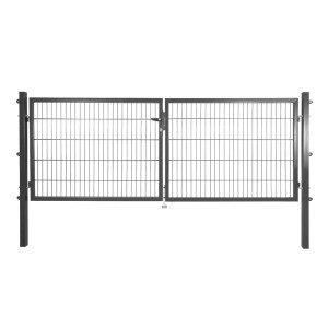 Anthrazitfarbenes Solid Doppeltor aus Stahl mit Stabmattenfüllung, 125x300 cm.