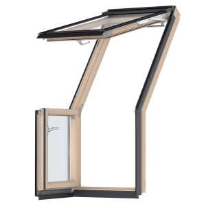 Velux Dachbalkon-Türelement, klar lackiert, 109x78 cm, DIN links, geöffnet.