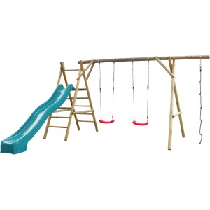 SwingKing Spielgerät Noortje mit türkiser Rutsche, Schaukeln und Kletterleiter aus Holz.