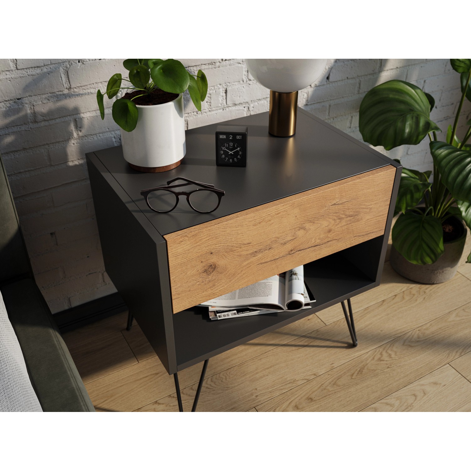 Posseik Nachttisch-Set Industrial B, 2-teilig, Grafit/Eiche, mit Metallfüßen.