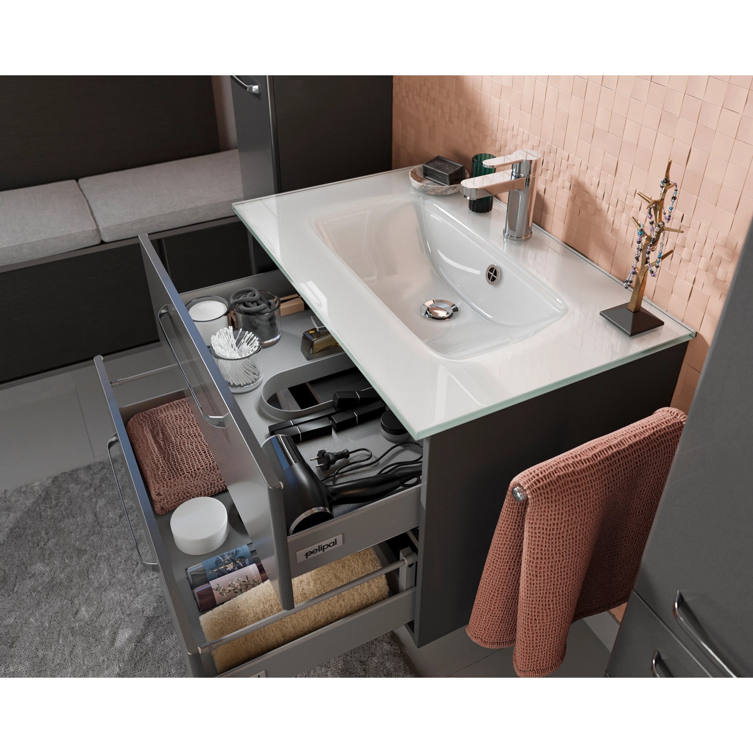 Pelipal Waschbeckenunterschrank Trentino, Anthrazit Hochglanz, 75 cm breit, mit zwei offenen Schubladen.