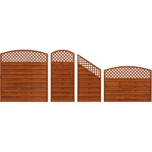 Sichtschutzzaun Bordeaux Teak, verschiedene Elemente mit Kreuzgitter.