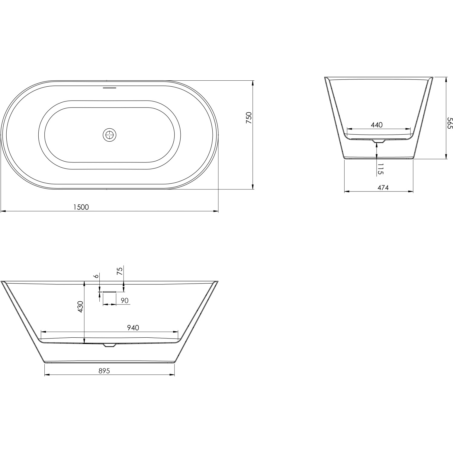 Technische Zeichnung der freistehenden Badewanne Ottofond Eko, 150x75 cm, mit Maßangaben.