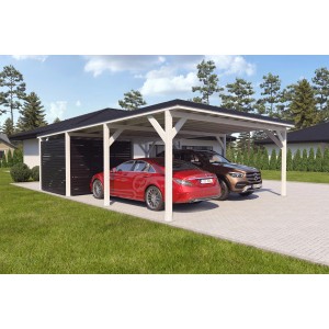 Holzbrüder Doppelcarport Ralf mit Geräteraum, weißes Holz, schwarzes Dach, zwei Autos.