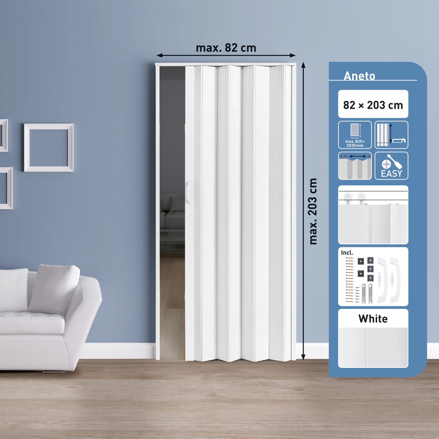 Weiße Falttür (82x203 cm) als platzsparende Lösung für Standardtüröffnungen.