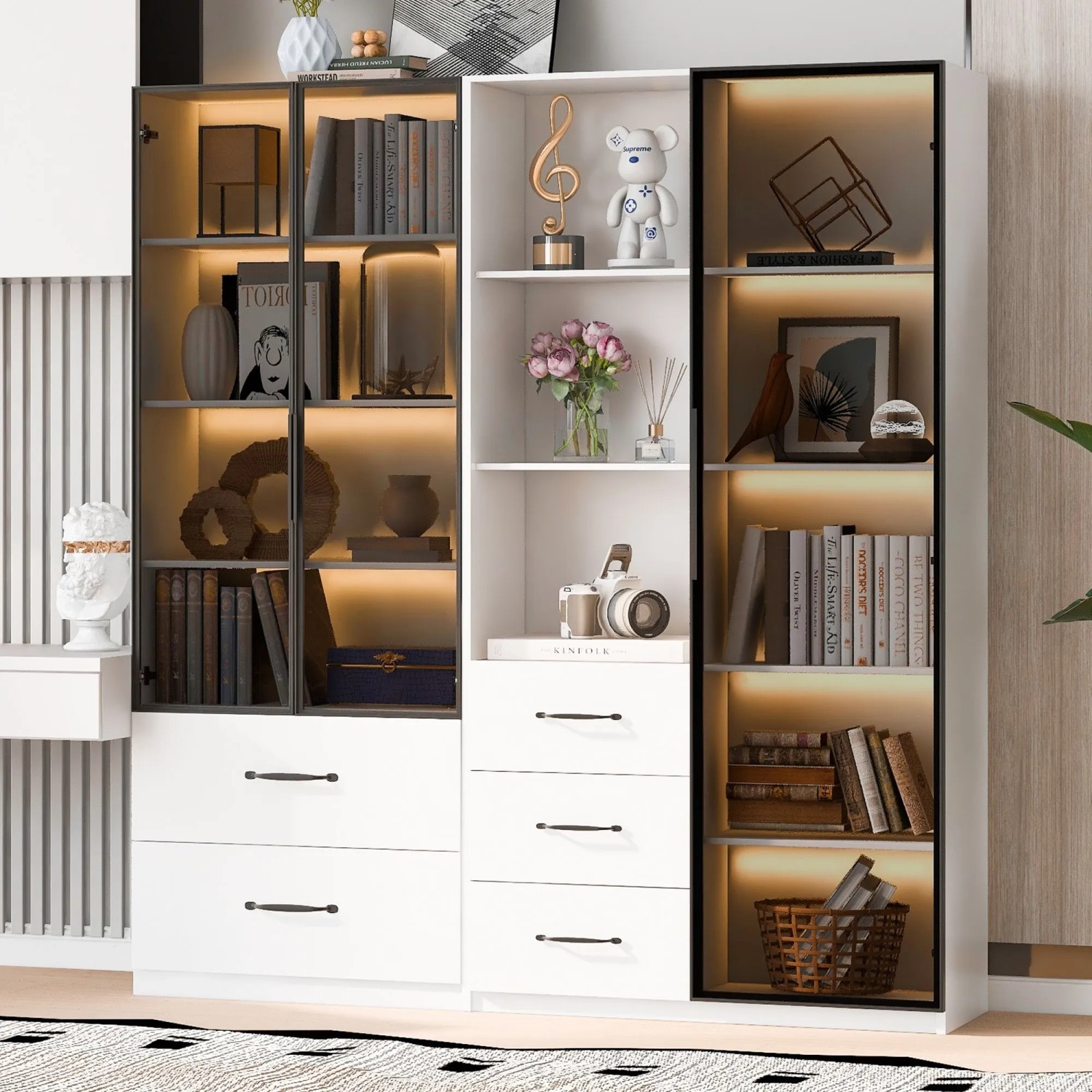 okwish Vitrine mit LED Glasfächern Bücherregal Wohnzimmer 140x40x160cm Weiß_3