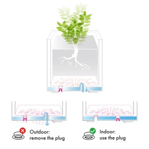 Deroma Quadro Millenium Pflanztopf, aschgrau, mit Illustration zur Nutzung des Wasserreservoirs.