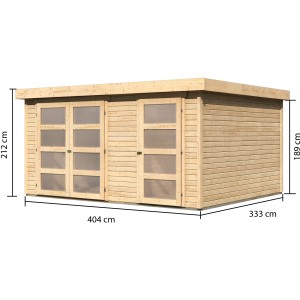 Naturbelassenes Karibu Gartenhaus Mühlentrup 3 mit Flachdach und Maßen.