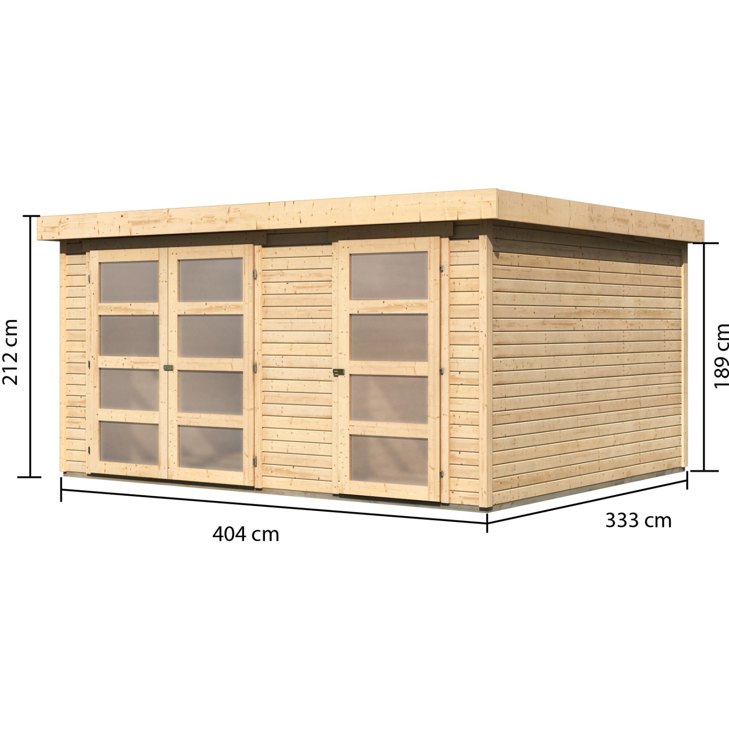 Naturbelassenes Karibu Gartenhaus Mühlentrup 3 mit Flachdach und Maßen.