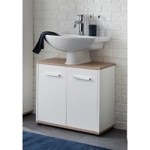 Badmobil Waschbeckenunterschrank CHI, weiß mit Holzplatte. Stauraum für Badutensilien.