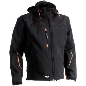 Schwarze Herock Softshell-Jacke Poseidon XL für Arbeitskleidung mit Kapuze und Taschen.