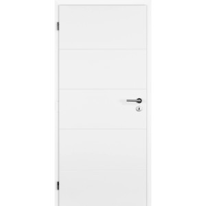Weiße Zimmertür Fridoor Quadro mit vier horizontalen Fräsungen und linkem Anschlag.