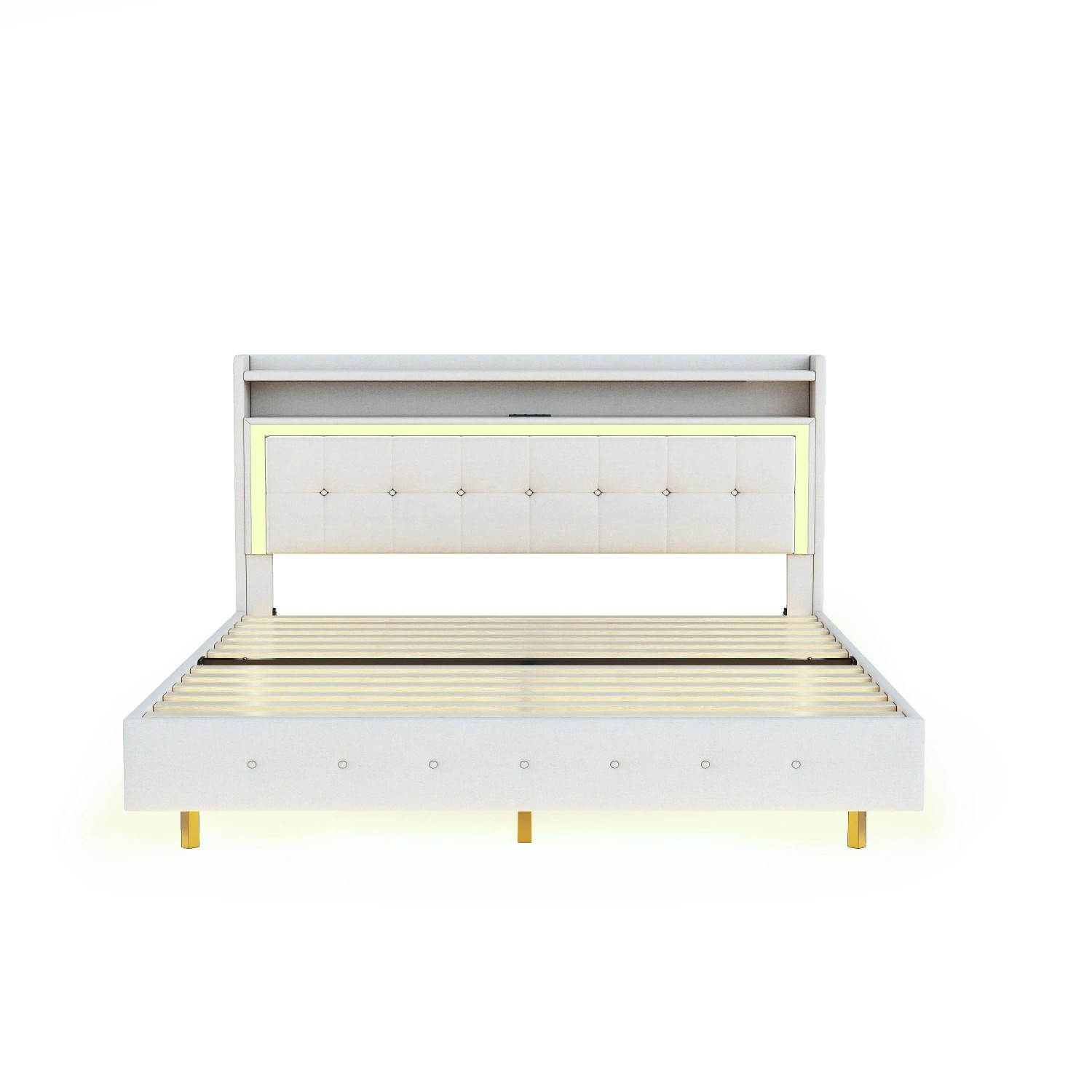 okwish Polsterbett 140x200cm mit USB LED Verstecktem Fußteil Beige ohne Matratze_8