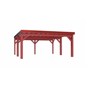 Holzbrüder Carport Ralf 36 in Oxidrot-Rot: Robuster Holzcarport mit Flachdach und stabilen Stützpfosten.