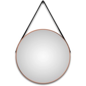 Runder LED-Lichtspiegel Silver Barbier in Kupfer Optik mit Lederband, Ø 80 cm.