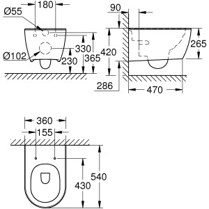 Technische Zeichnung: Grohe Essence Wand-WC, spülrandlos, Tiefspüler, Abmessungen für Installation.